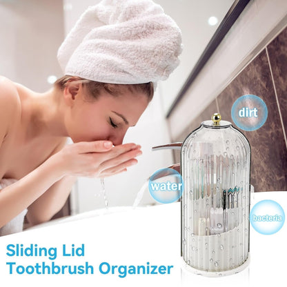 Sliding Lid Toothbrush Holder - 360° Rotatable Bathroom Organizer with Dust Cover
