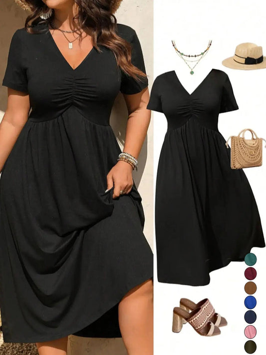 👗 LIMITED TIME 50% OFF! ✨ Plus Size V-Neck Ruched Short Sleeve Midi Dress with Flounce – A-Line Silhouette & Flowy Fabric 🌸