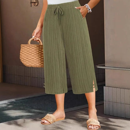 💐50% OFF✨Ribbed Wide-Leg Capri Pants – Elastic Waist for Daily Wear🌿