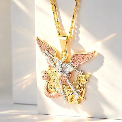 Tri-Tone Angel Guardian Pendant Necklace