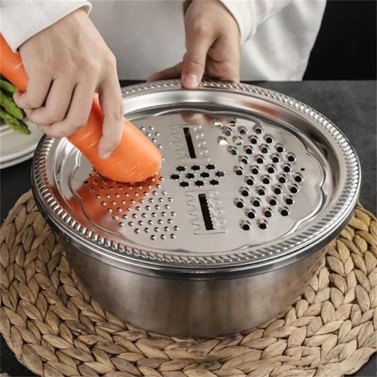 ⏱️🥬 Slice, Grate & Julienne in Minutes! Multi-Function Stainless Steel Vegetable Prep Bowl for Easy Cooking