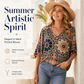 Women's V-Neck Bohemian Print Blouse Summer Loose Fit Shirt