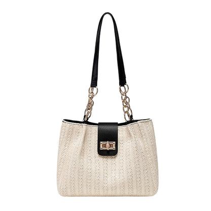 Women’s Woven Straw Shoulder Bag with Faux Leather Trim