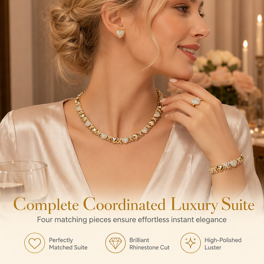 📿Gold Plated Heart Shaped Rhinestone Jewelry 4-Piece Set with Necklace Earrings Bracelet and Ring
