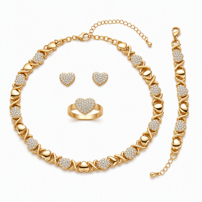 📿Gold Plated Heart Shaped Rhinestone Jewelry 4-Piece Set with Necklace Earrings Bracelet and Ring