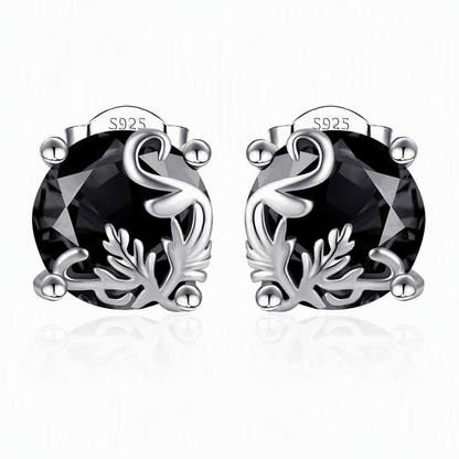 Silver Tone Gothic Vine Pattern Round Stud Earrings with Black Cubic Zirconia